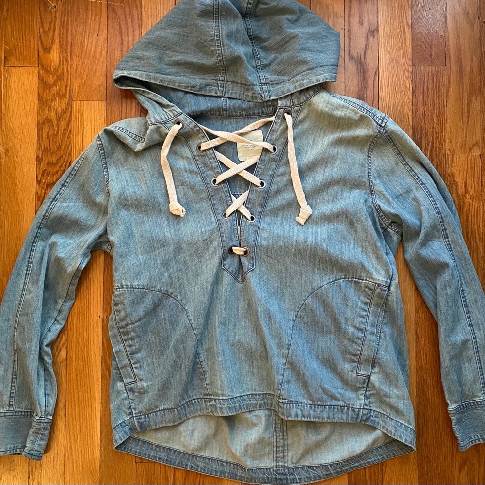 American Eagle Denim Lace Up Top with Hood